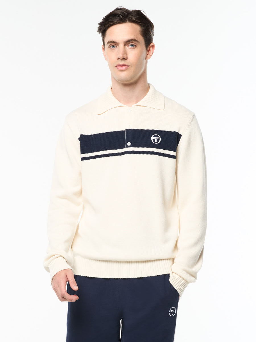 Damarindo Long Sleeve Knit Polo- Gardenia/ Maritime Blue – Sergio
